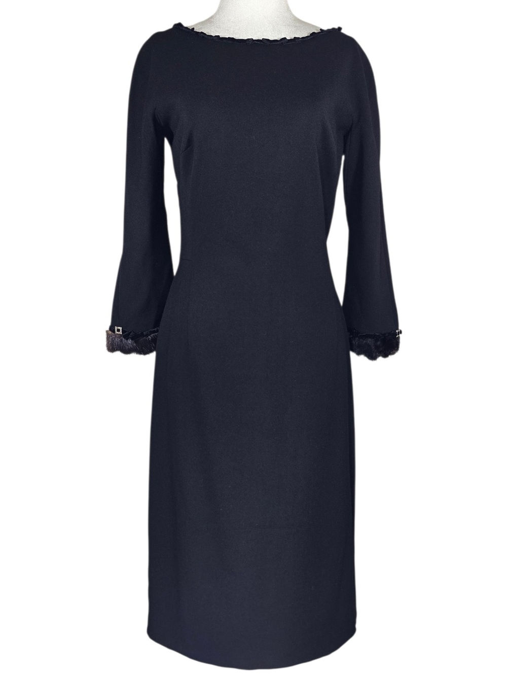 MaxMara Vintage Pianoforte Black Midi Sheath Dress with Lace-Trim Cuffs